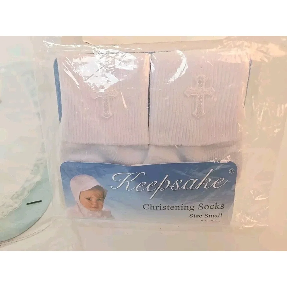 Infant Baptism Christening white embroidered Cross socks and Bib